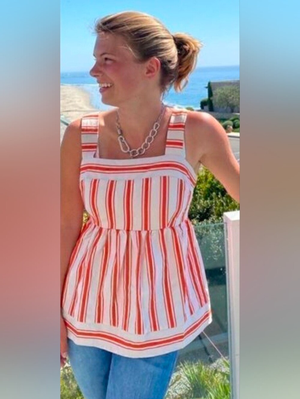 CAbi Red & White Striped Square-Neck Tank